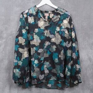 CHICOS Metallic Jacquard Semi-Sheer Blouse Long‎ Sleeve Top Leaf Print Sz 1/M/8